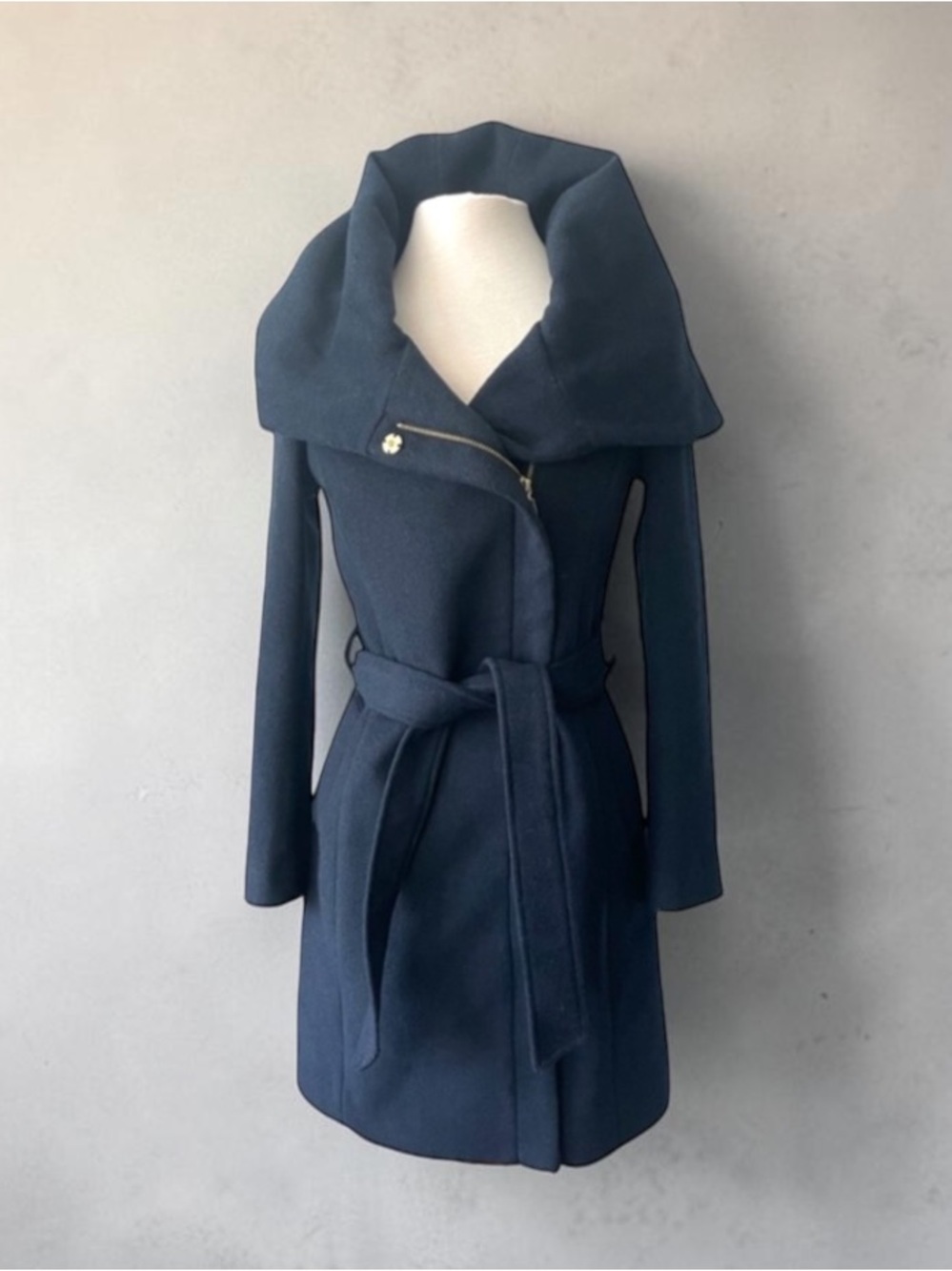 COLE HAAN BLUE WOOL BLEND BELTED COCOON COLLAR COAT SIZE 2